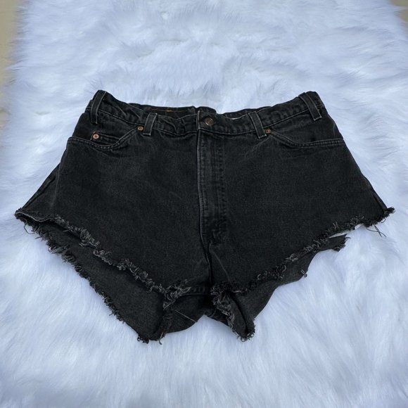 Levi's Jean Shorts Vintage Orange Tag Tab Black Denim Cut Off Boho Hippie Sz 34 - Picture 2 of 7